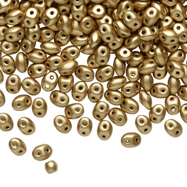 Bead, Preciosa Twin™, Pressed Twin, Czech pressed glass, gold, 5x2.5mm oval with 2 holes. Sold per 10-gram pkg. image number 0