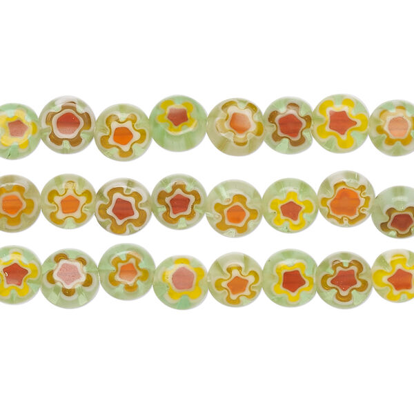 Bead mix, millefiori glass, green, orange, red and white, 6mm puffed flat round with flower design. Sold per pkg of (3) 14-inch strands. image number 0