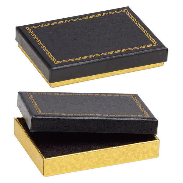 Box, paper and velvet, black and gold, 3-1/2 x 2-1/2 x 5/8 inch rectangle. Sold per pkg of 6. image number 0