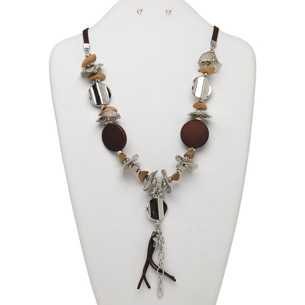 Necklace, Huangshan pine tree wood with silver-finished plastic, brass and steel, brown, 30mm flat round with mixed size and shape beads and charms on velveteen ribbon or cord, 2-inch dangle, 24 inches with lobster claw clasp and 1-3/4 inch extender chain. Sold individually. image number 0