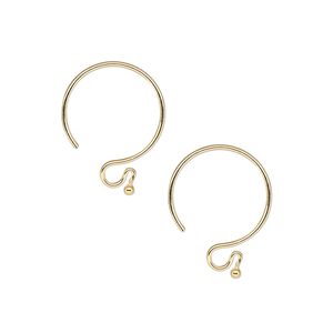 Ear wire French hook 1pkg10 gold-plated, 15mm / 1.5mm ball / open loop, 20 gauge brass 5 pair