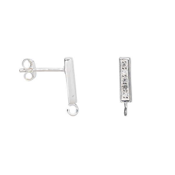 Ear stud, sterling silver and cubic zirconia, clear, 12x3mm rectangle with open loop. Sold per pair. image number 0