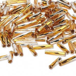 Bead, Miyuki, bugle bead, glass, pkg/250 g, 12x2.7mm center-drilled twisted, silver-lined translucent gold/clear (TW-3932).