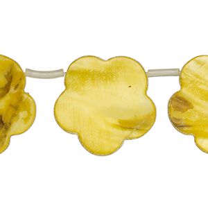 Bead, mother-of-pearl shell (dyed), golden yellow, 21x15mm-23x19mm top-drilled flat flower, Mohs hardness 3-1/2. Sold per 15-1/2" to 16" strand, approximately 15 beads.