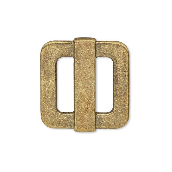 Slide, antiqued brass-finished "pewter" (zinc-based alloy), 25x23mm single-sided rectangle, 14x4mm hole. Sold per pkg of 4. image number 0