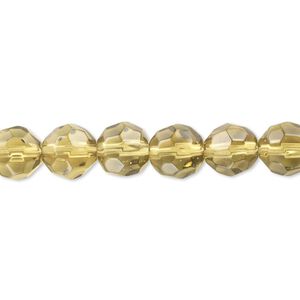 Bead, pressed glass, olive green, 8mm faceted round. Sold per 15" to 16" strand.