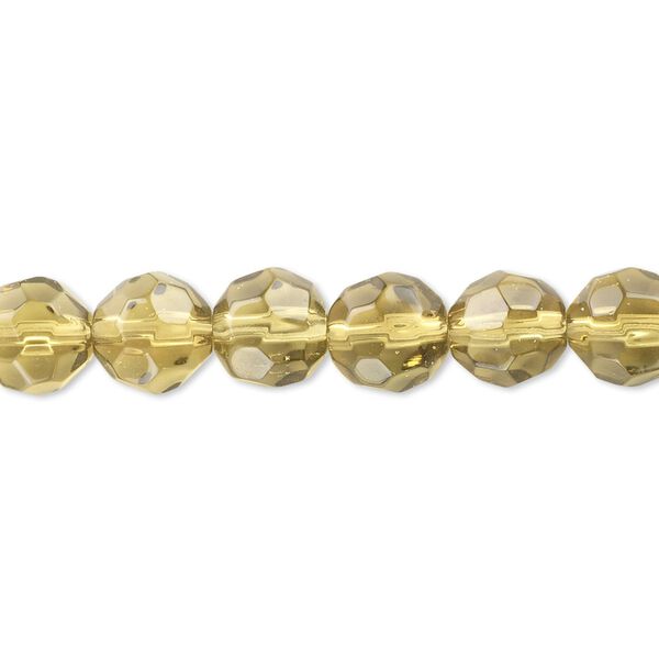 Bead, pressed glass, olive green, 8mm faceted round. Sold per 15" to 16" strand. image number 0