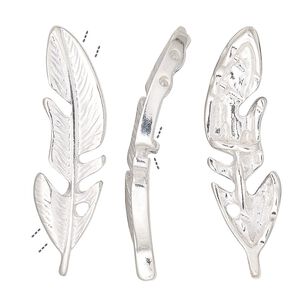 Spacer, silver-finished "pewter" (zinc-based alloy), 37x10mm single-sided curved feather with 4 holes. Sold per pkg of 2.