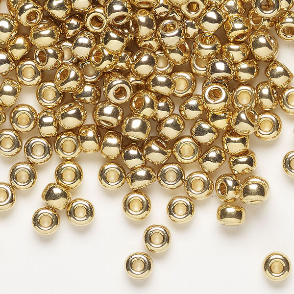 Seed bead, Miyuki, glass, pkg/250g, #6 rocaille, opaque 24Kt gold-plated light, (RR-193). image number 0