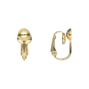Earring clip-on 1pkg10 gold-plated, 16mm / 6mm cup / grooved / hinged / 6mm round setting, steel 5 pair