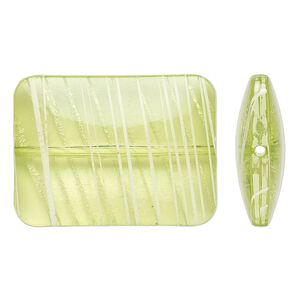 Bead, acrylic, semitransparent green and white, 40x30mm puffed rectangle with painted line design. Sold per pkg of 12.