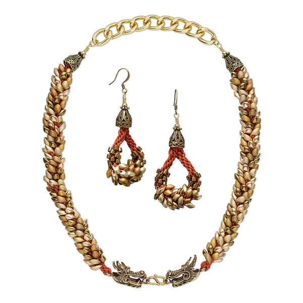 Necklace and earring set, One of a Kind Jewelry, glass and imitation silk, orange and metallic gold, 18-inch necklace. Only one available. image number 0