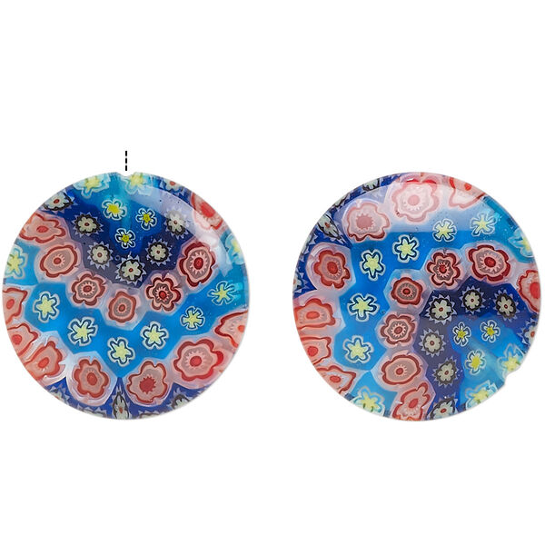 Bead, millefiori glass, translucent mixed colors, 20mm half-drilled puffed flat round with star and flower design, 0.6-0.8mm hole. Sold per pkg of 2. image number 0