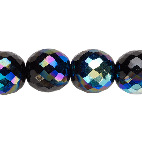 Bead, Czech fire-polished glass, jet AB, 14mm faceted round. Sold per 15-1/2" to 16" strand. image number 0