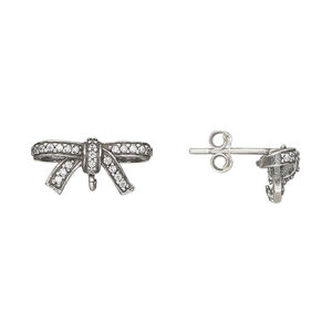 Ear stud 1pkg2 sterling silver, 16x7mm bow / perpendicular open loop / earnuts included, 20 gauge antiqued cubic zirconia