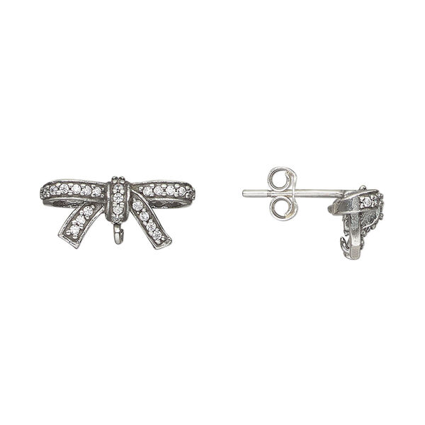 Ear stud 1pkg2 sterling silver, 16x7mm bow / perpendicular open loop / earnuts included, 20 gauge antiqued cubic zirconia image number 0