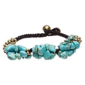 Magnesite / nylon / brass 1pkg1, gold-finished bells bracelet / 7 inch / button clasp