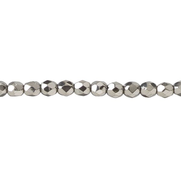 Bead, fire-polished, metallic grey glass, opaque clear, 4mm faceted round. Sold per 1 mass, approximately 1,200 beads. image number 0