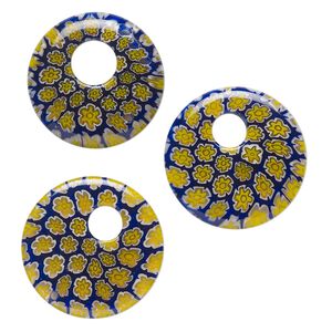 Component, millefiori glass, translucent multicolored, 24-26mm undrilled go-go with flower design. Sold per pkg of 3.
