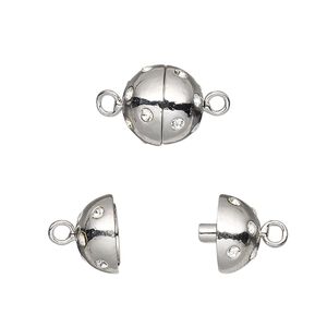 Clasp magnetic 1pkg1 rhodium-plated pewter (tin alloy), 10mm round, clear crystal 1-strand
