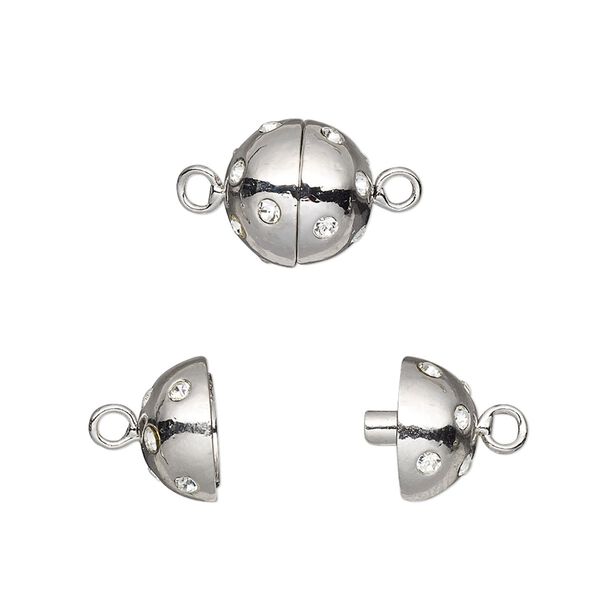 Clasp, magnetic, crystal rhinestone and rhodium-plated pewter (tin-based alloy), clear, 10mm round. Sold individually. image number 0