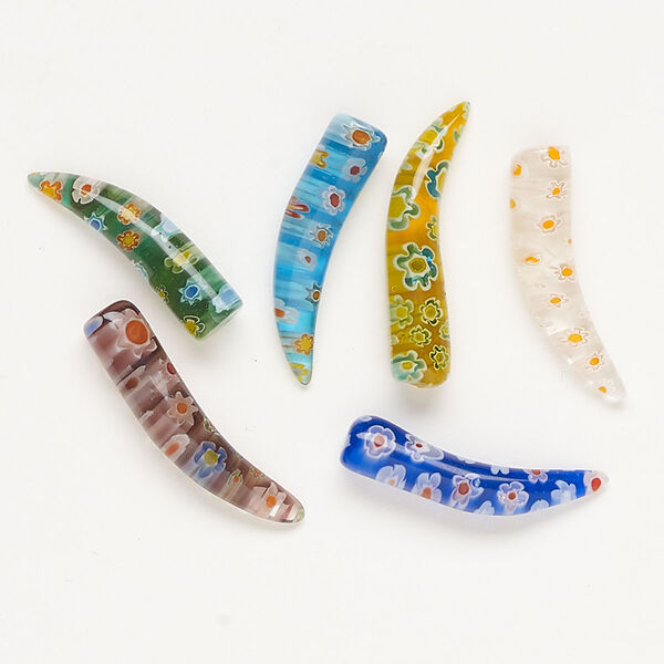 Component, millefiori glass, translucent multicolored, 27x6mm-34x7mm undrilled tooth. Sold per pkg of 6. image number 0