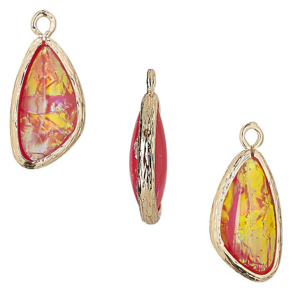 Drop, Opalized Ice™, "opal" (resin) and gold-finished brass, orange, 19.5x11mm double-sided wing. Sold per pkg of 4. image number 0