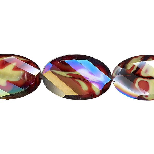 Bead, millefiori glass, opaque marbled multicolored AB, 20x13mm faceted wavy oval. Sold per 8-inch strand, approximately 10 beads. image number 0