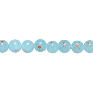 Bead, millefiori glass 1pkg1, translucent light aqua, / red / white, 6mm round, 15 inches.