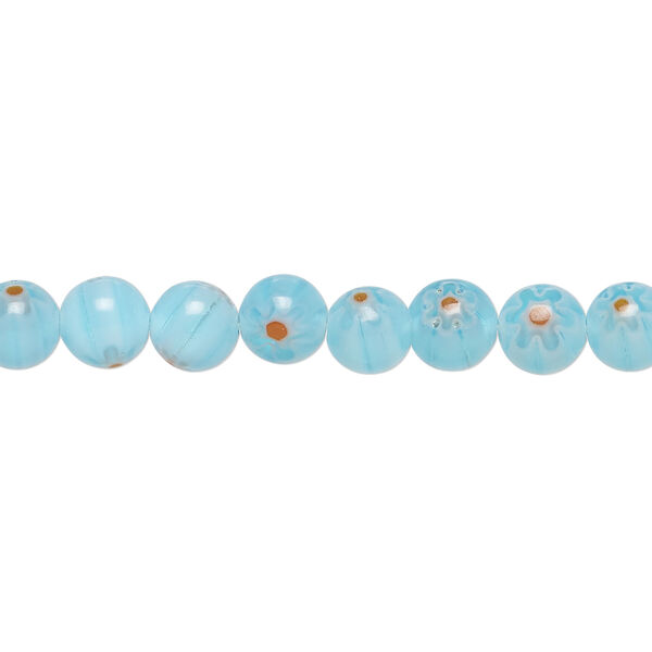 Bead, millefiori glass 1pkg1, translucent light aqua, / red / white, 6mm round, 15 inches. image number 0