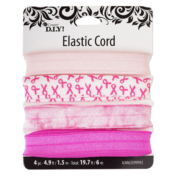 Cord, elastic, multi-pink, 15mm flat with Breast Cancer Awareness theme. Sold per pkg of (4) 1.5 meter sections. image number 0