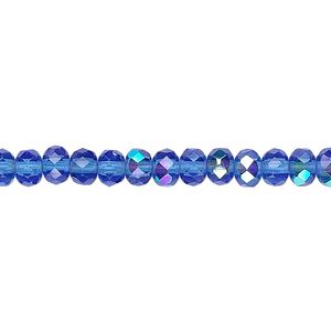 Bead, Czech fire-polished glass, light cobalt AB, 5x4mm faceted rondelle. Sold per 15-1/2" to 16" strand.
