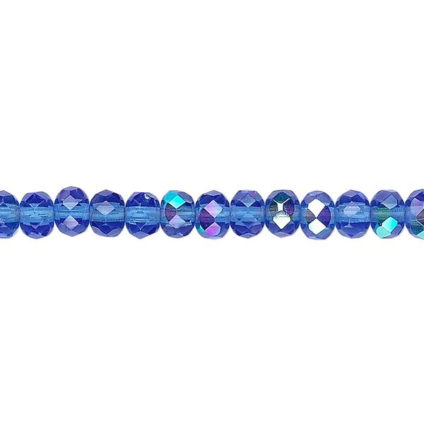Bead, Czech fire-polished glass, light cobalt AB, 5x4mm faceted rondelle. Sold per 15-1/2" to 16" strand. image number 0