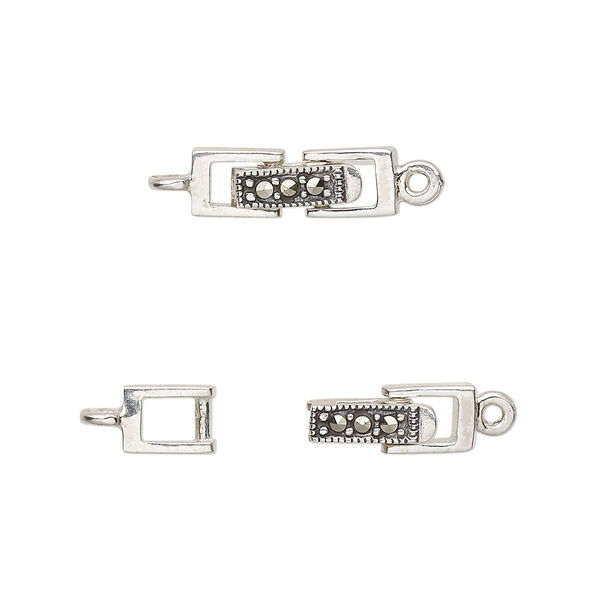 Clasp, fold-over, marcasite (natural) and antiqued sterling silver, 16x5mm rectangle. Sold individually. image number 0