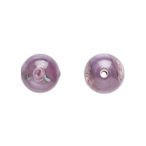 Bead, Czech lampworked glass, opaque purple / pink / green, 10-11mm round with flower design. Sold per pkg of 4.
