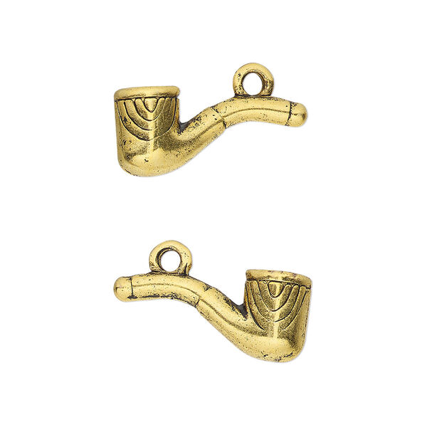 Charm, antique gold-finished "pewter" (zinc-based alloy), 20x17mm 3D pipe. Sold per pkg of 4. image number 0