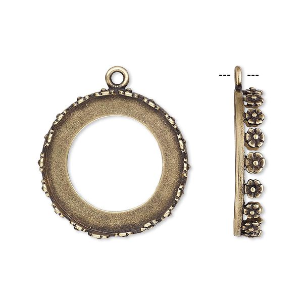 Drop, JBB Findings, antiqued brass, 22mm round with open back and flower design trim, 20mm round bezel setting. Sold per pkg of 2. image number 0