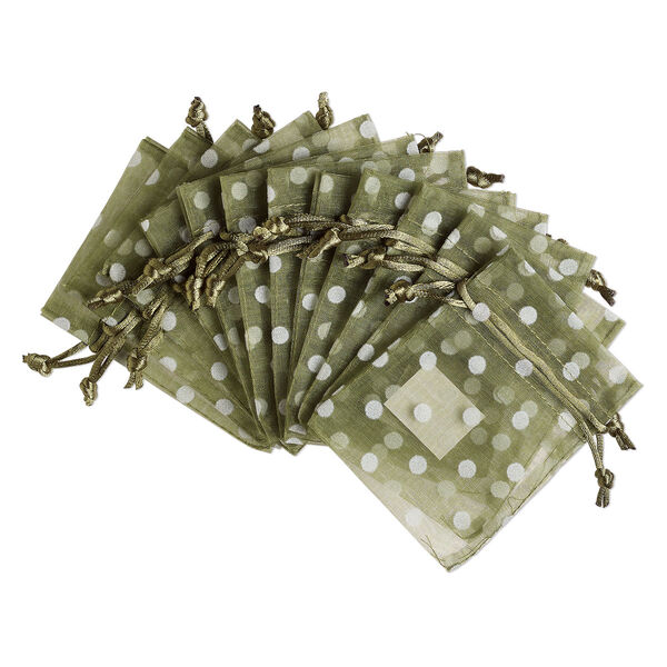 Pouch, flocked organza, moss green and white, 4x3 inches with dots pattern and drawstring closure. Sold per pkg of 12. image number 0