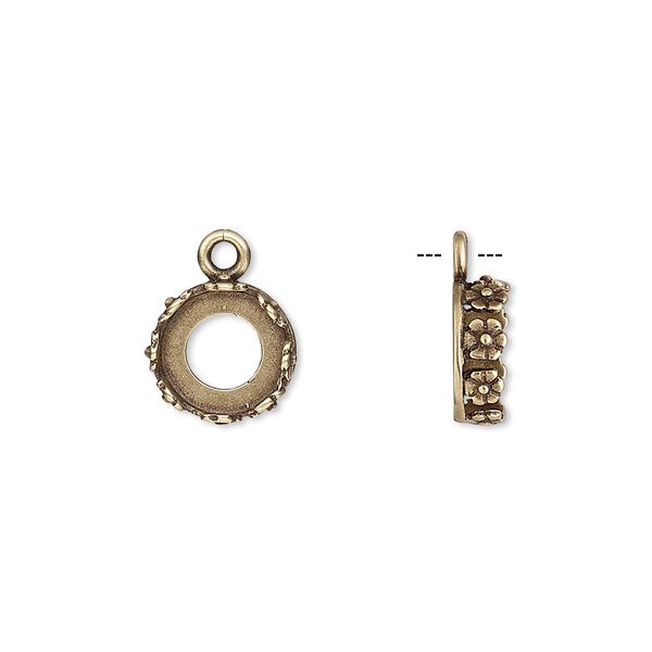 Drop, JBB Findings, antiqued brass, 10mm round with open back and flower design trim, 8mm round bezel setting. Sold per pkg of 2. image number 0