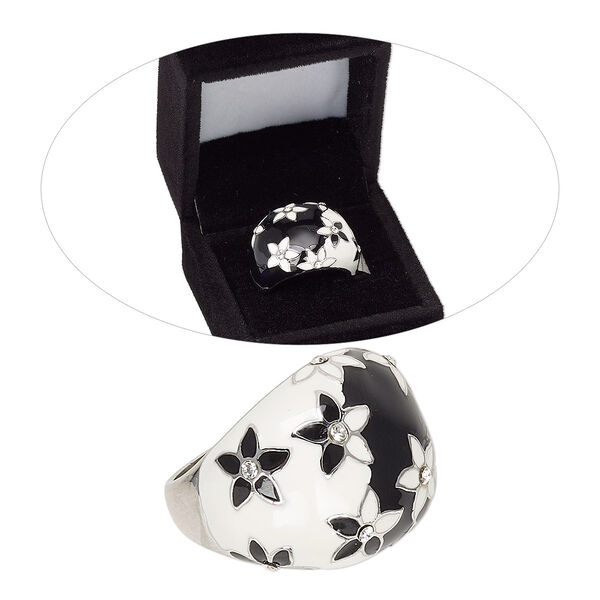 Ring, cubic zirconia / enamel / rhodium-finished brass, clear / white / black, 20mm wide with flowers design, size 8. Sold individually. image number 0