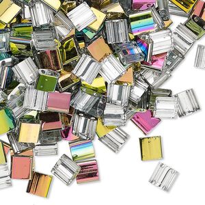 Seed bead, TILA®, glass, pkg/250g, 5mm full tila square, opaque vitrail crystal clear (TL-4552).