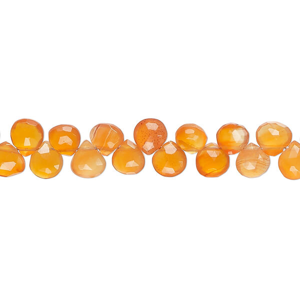 Bead, carnelian (dyed / heated), light, 5-6mm hand-cut top-drilled faceted puffed teardrop, B+ grade, Mohs hardness 6-1/2 to 7. Sold per 18-inch strand, approximately 65 beads. image number 0