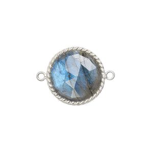 Link, labradorite (natural) and sterling silver, 17-19mm hand-cut double-sided faceted round with twisted wire design. Sold individually.