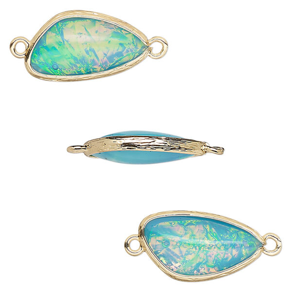 Link, Opalized Ice™, "opal" (resin) and gold-finished brass, light blue, 19.5x11mm double-sided wing. Sold per pkg of 4. image number 0