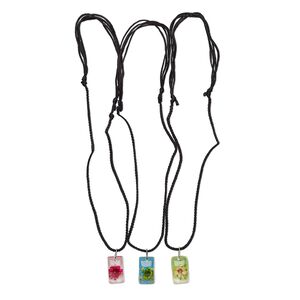 Necklace, resin / flower / nylon / steel, assorted colors, 23x14mm rectangle, adjustable from 18-24 inches with macramé knot closure. Sold per pkg of 3.