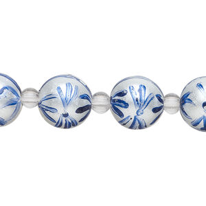 Bead, glass 1pkg8, opaque white and dark blue, 12mm hand-painted round.