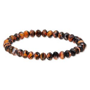 Bracelet, stretch, glass, opaque black and orange, 8x6mm faceted rondelle, 7-1/2 inches. Sold individually.