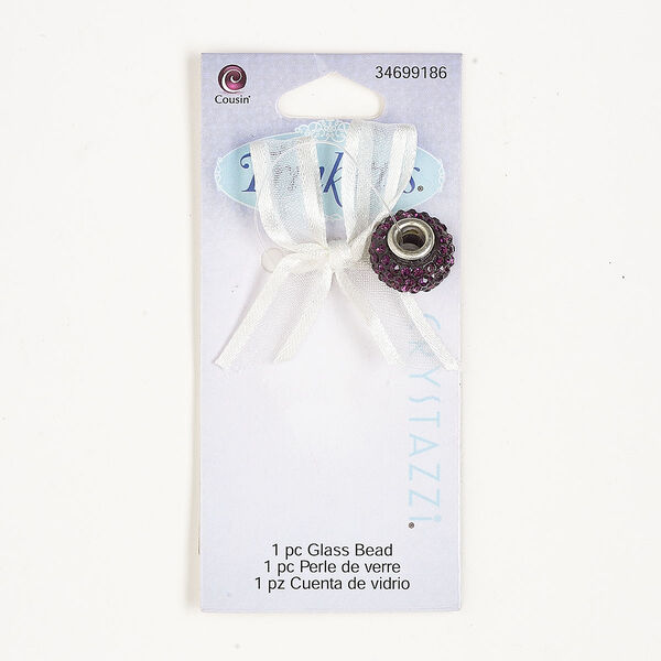 Bead, silver-finished brass and glass, purple and black, 15x9mm rondelle with ribbon. Sold individually. image number 0