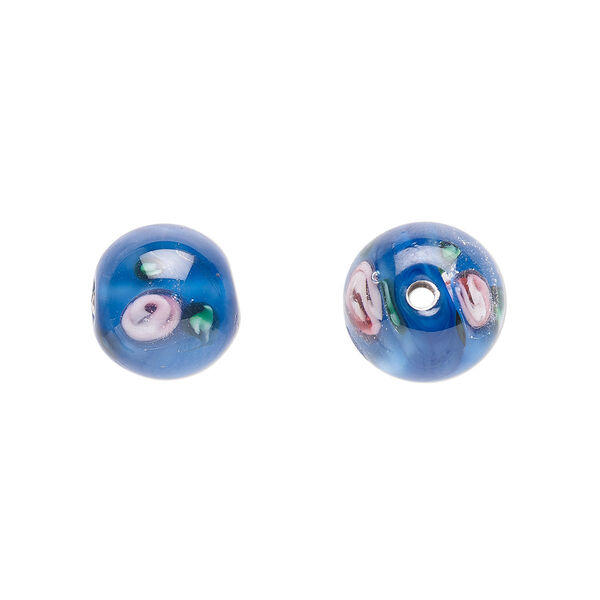 Bead, Czech lampworked glass, opaque blue / pink / green, 10-11mm round with flower design. Sold per pkg of 4. image number 0