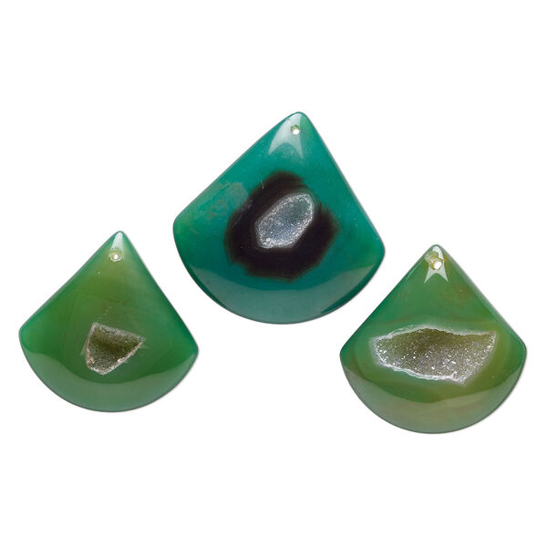 Focal, druzy green agate (dyed), 42x41mm-50x49mm top-drilled puffed teardrop, B grade, Mohs hardness 6-1/2 to 7. Sold per pkg of 3. image number 0